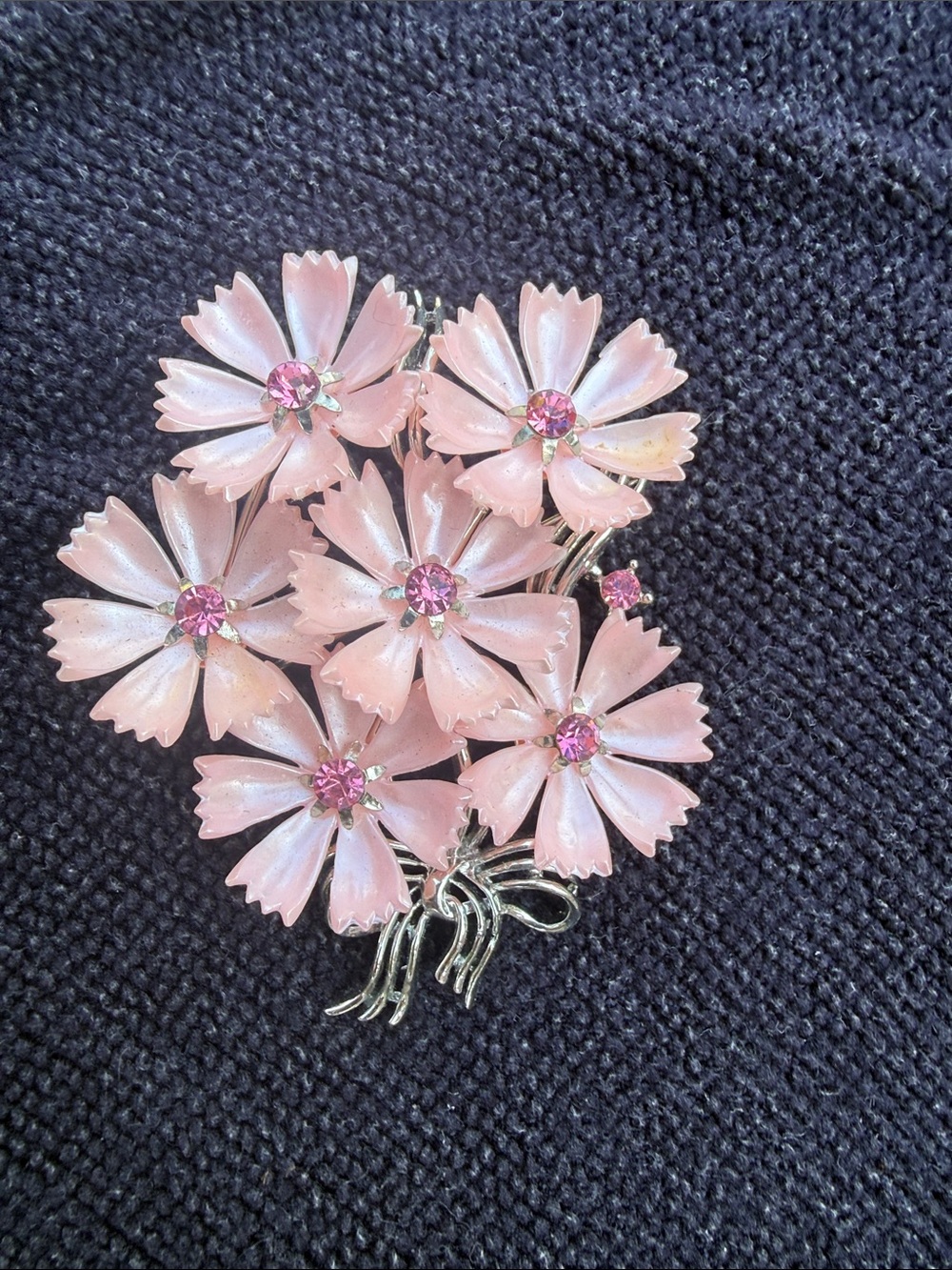 Vintage LISNER Pink Lucite Flower Bouquet Rhinestone broach signed